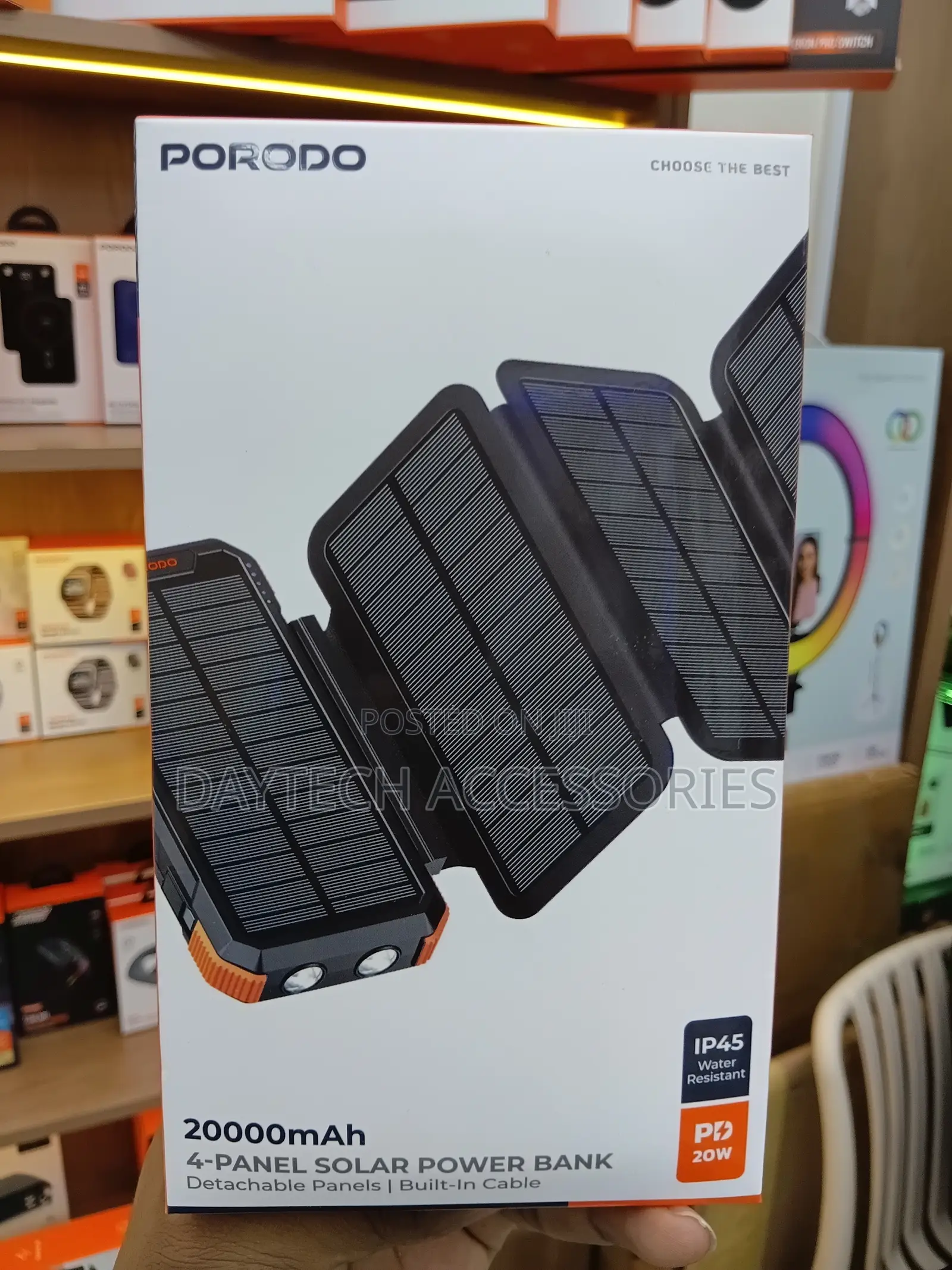 This Is a Porodo 20,000mah 4-Panel Solar Power Bank in Black.