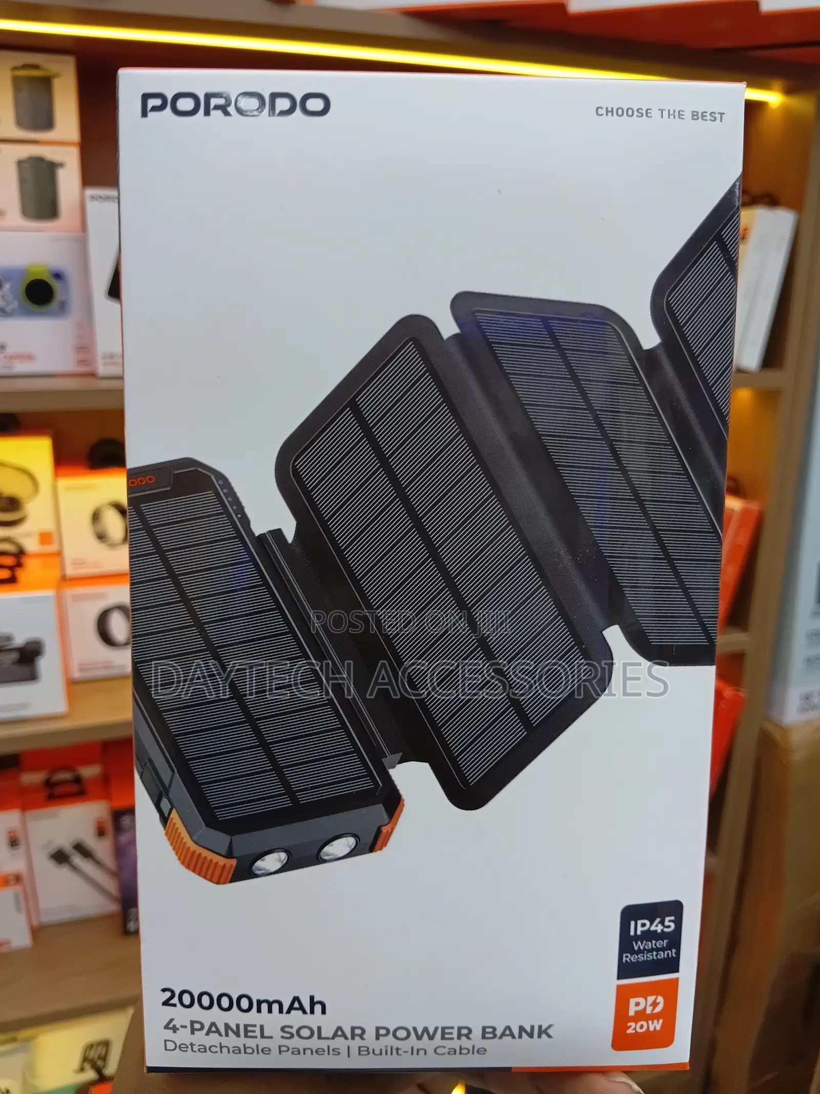 This Is a Porodo 20,000mah 4-Panel Solar Power Bank in Black.
