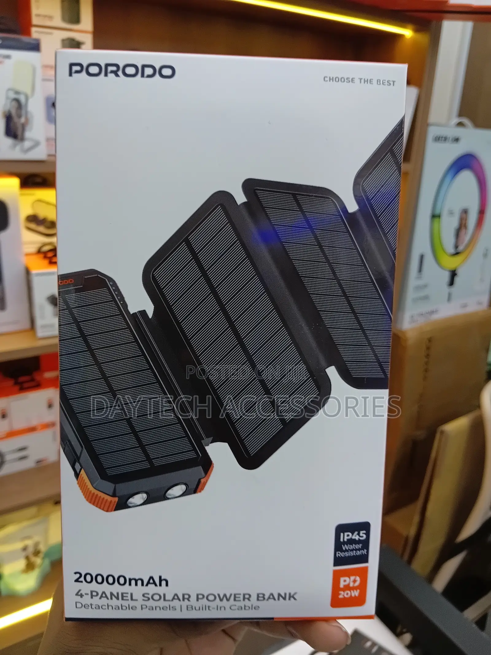 This Is a Porodo 20,000mah 4-Panel Solar Power Bank in Black.