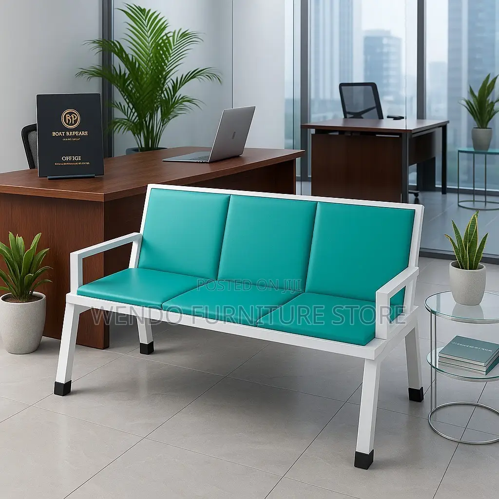 Office Benches; Three Seaters Blue Leather Upholstered Benches