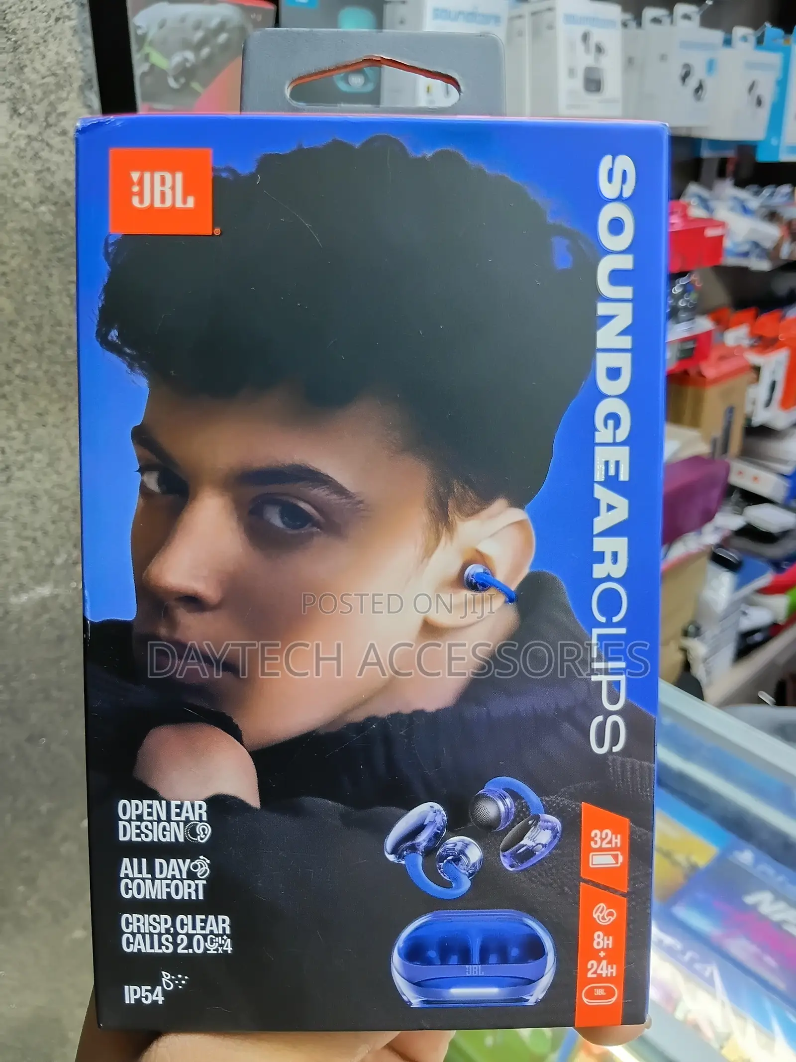Blue JBL Soundgear Clips Open-Ear True Wireless Bluetooth Earbuds.