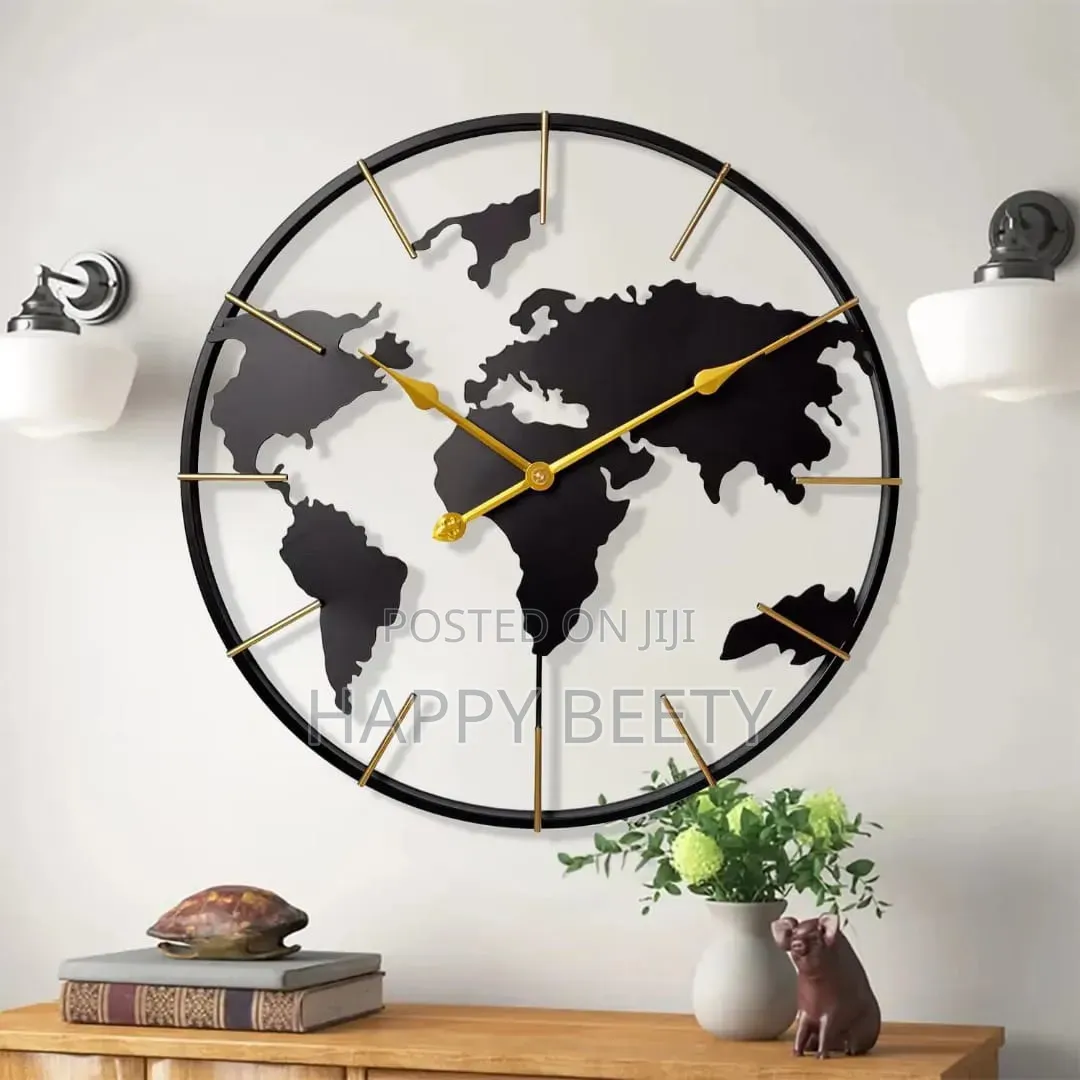 60cm Roman Numerals Metallic World Map Wall Clock