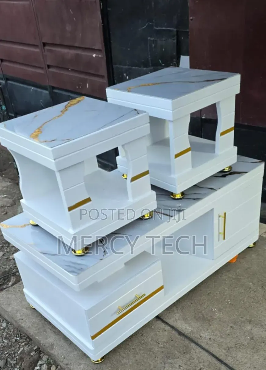 Coffee Table With Glass/Marble Topping and 2 Stools (Various Colours)