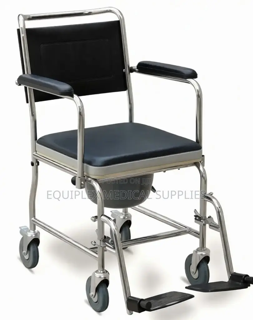 Commode Chair With Backrest, Footrest, and Castors (Durable)