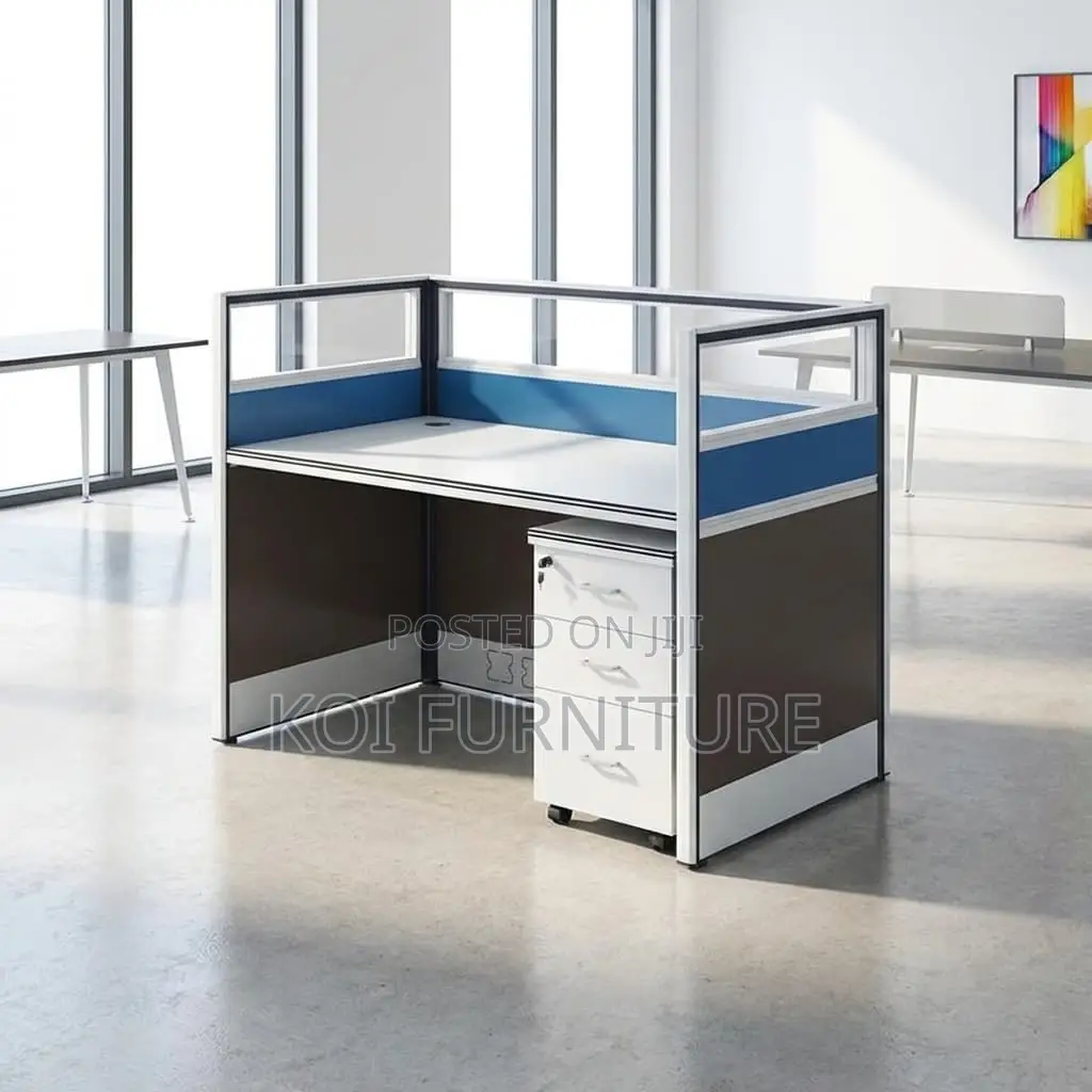 Office Desk : 1-Way Modern Workstation Featuring Blue Privacy Panels