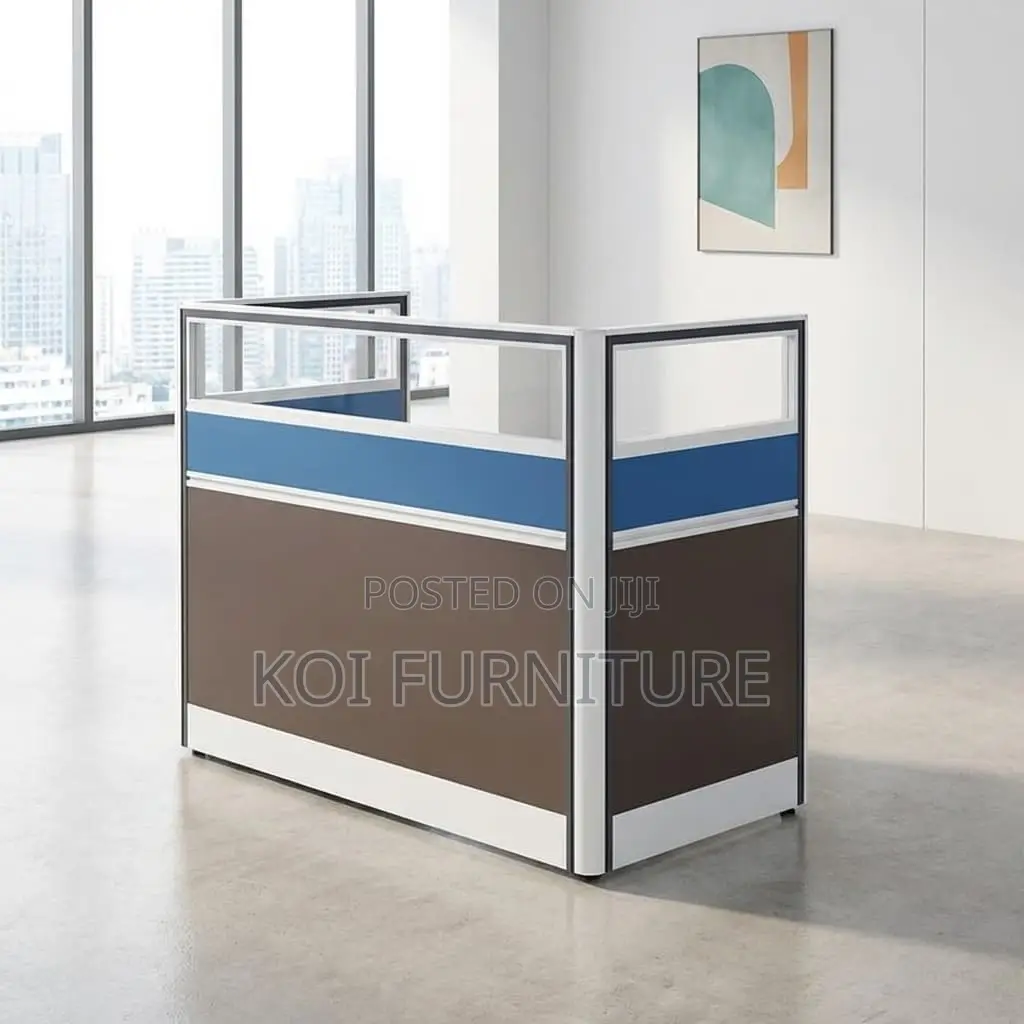 Office Desk : 1-Way Modern Workstation Featuring Blue Privacy Panels
