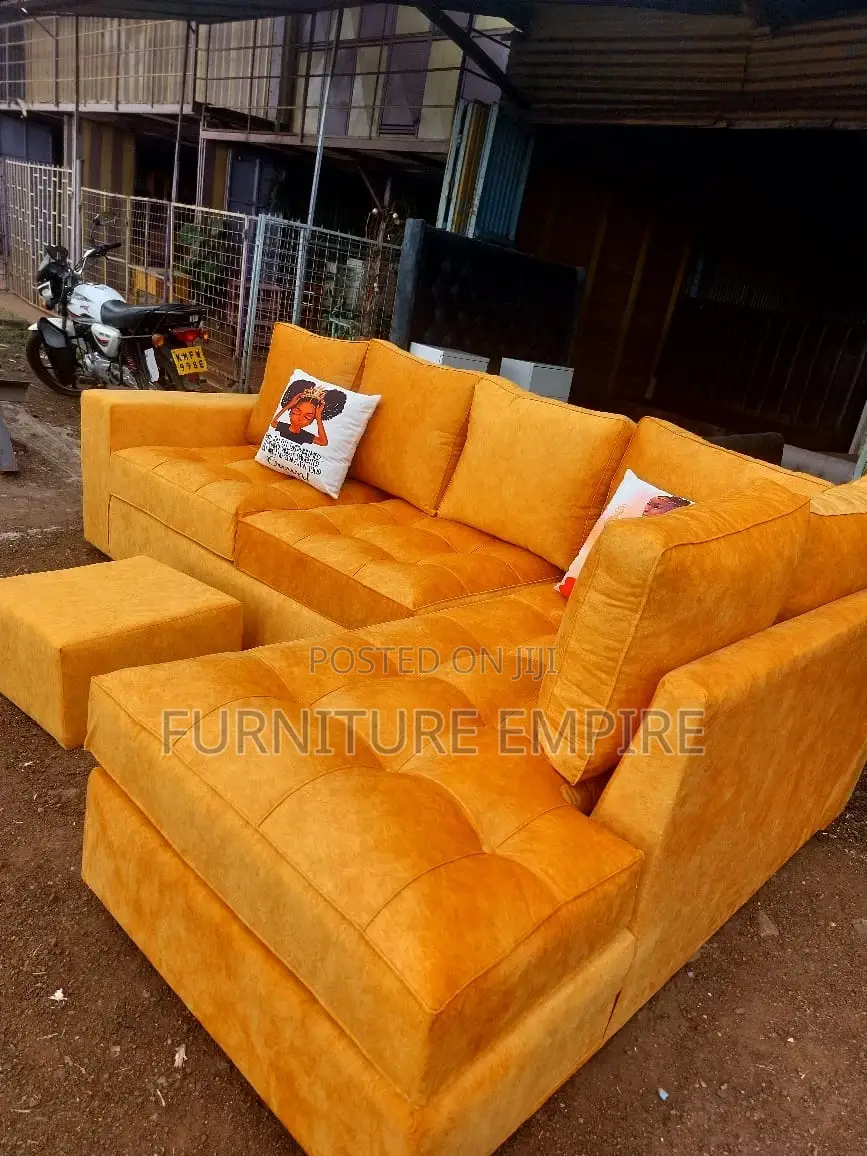 Mustard Yellow Sectional Sofa – Tufted Cushions Matching Ottoman