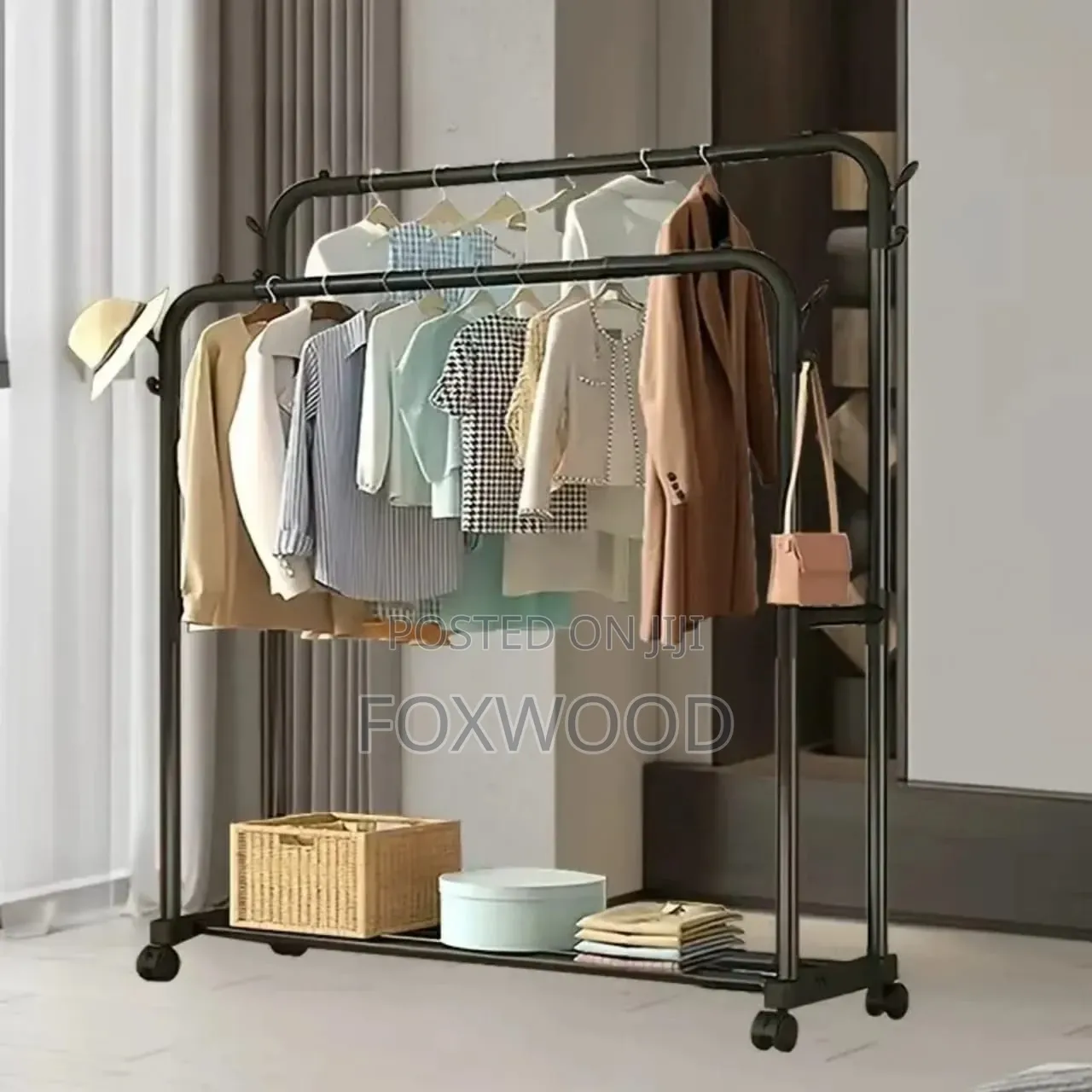 *Double Pole Clothing Rack With Wheels