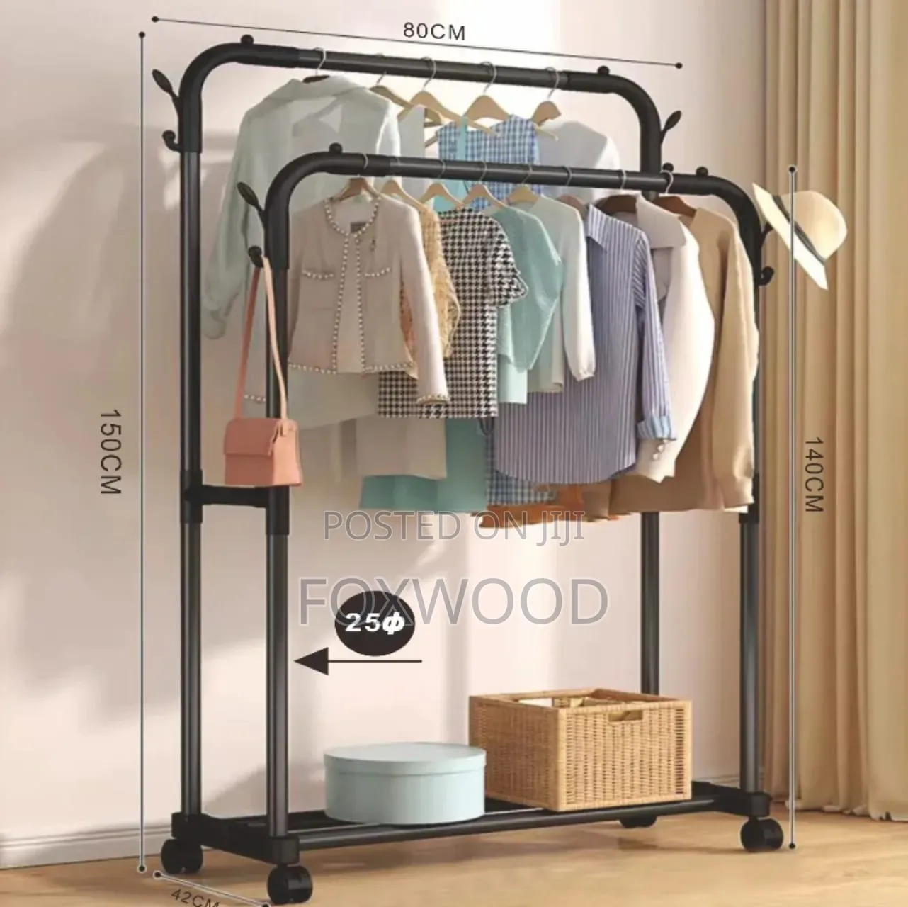 *Double Pole Clothing Rack With Wheels