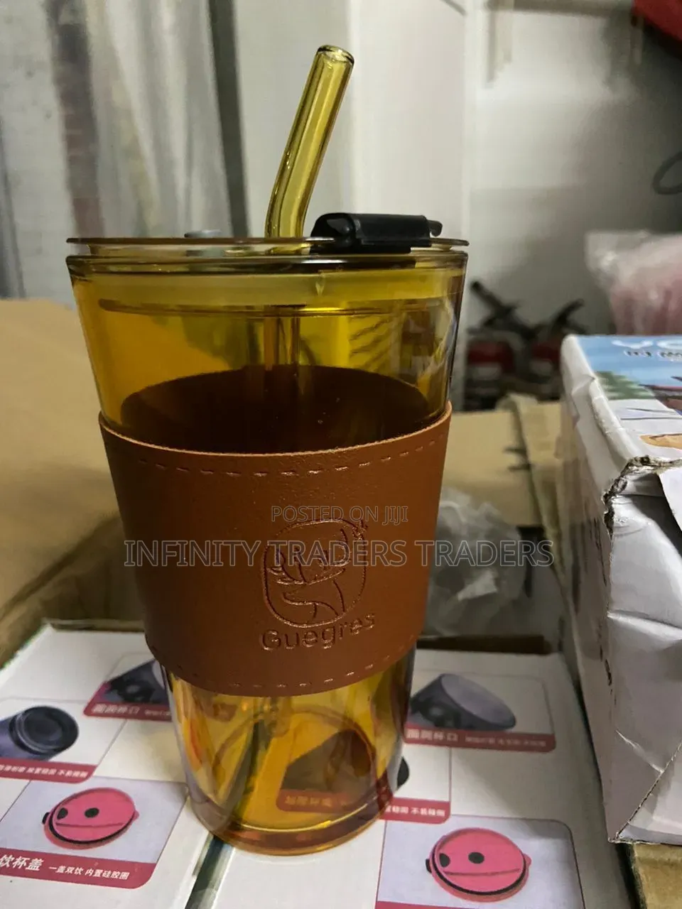 Glass Cups With Cover+Straw+Leather Sleeveand