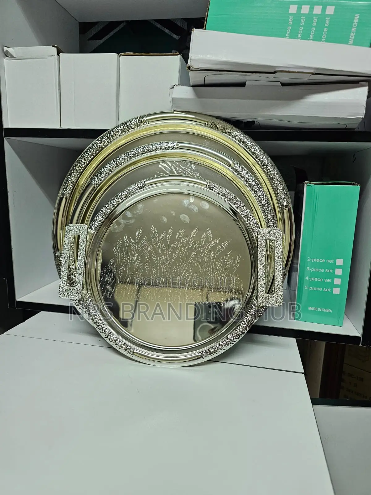 3pc Antique Round Double Tone Mirror Polished Metal Tray (Stda