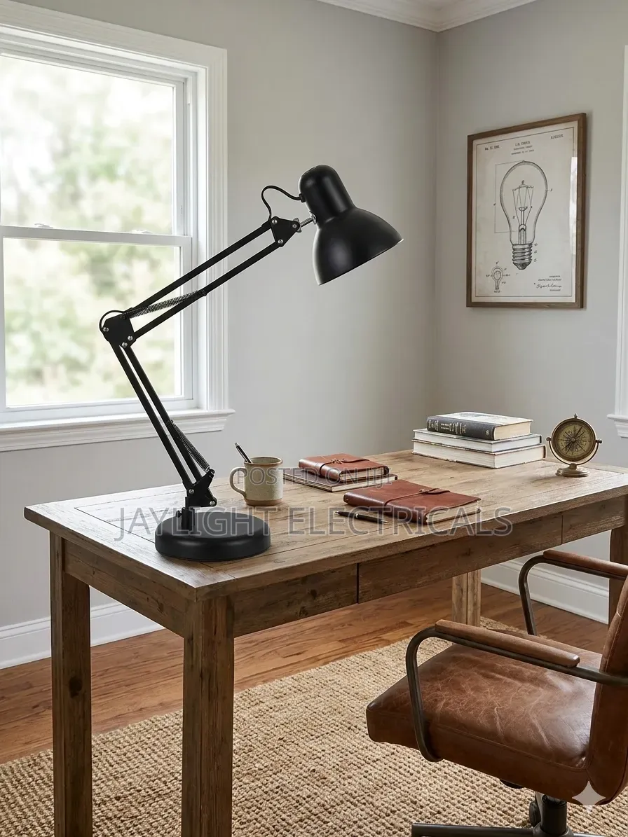 Black Architect Desk Lamp In A Luxury Vintage Home Library Setting