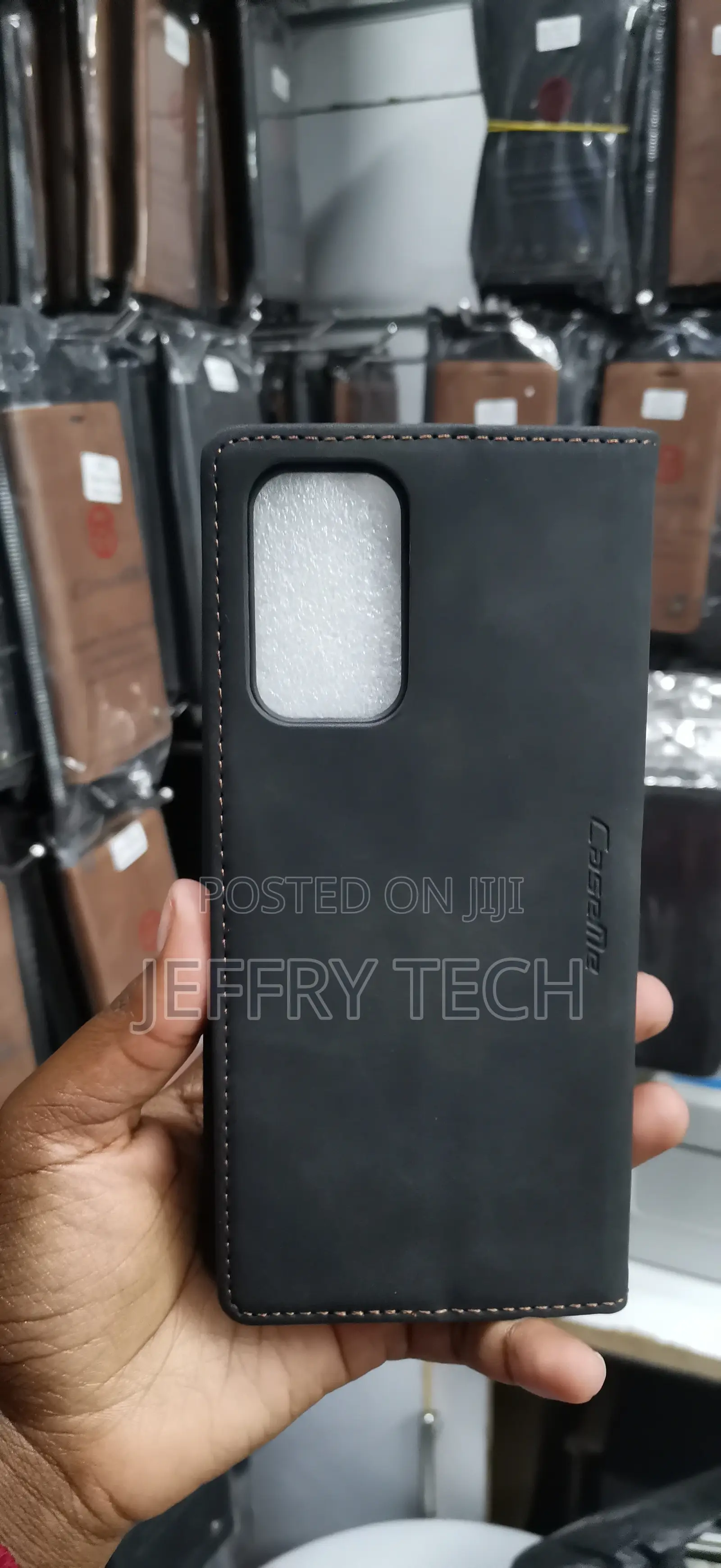 Black Suede Leather Flip Wallet Case With a Small Silver Logo Stud