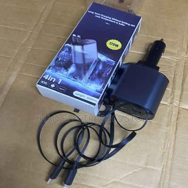 Dual Usb Ports Led Display 120w 4 in 1 Retractable Car Charger