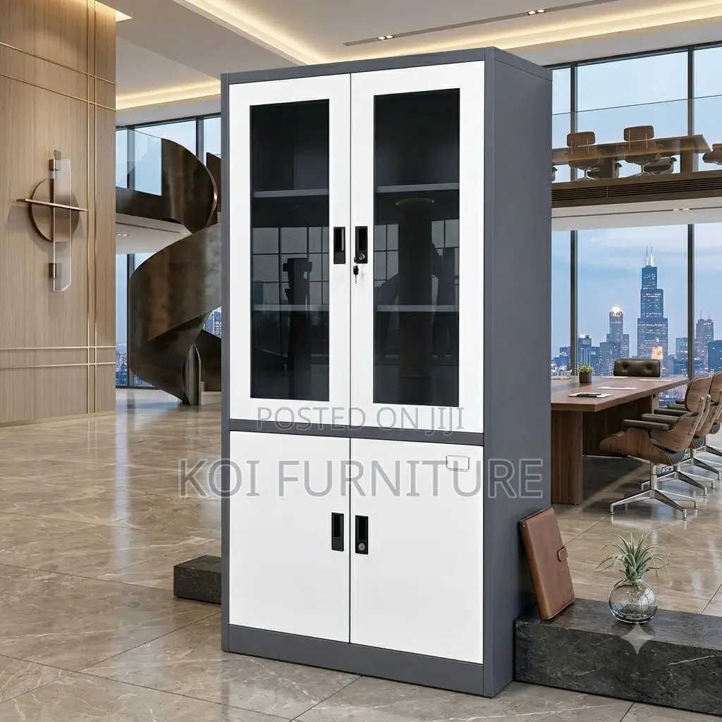 Office Cabinet; Two Doors Grey Office Cabinet With Shelves Views