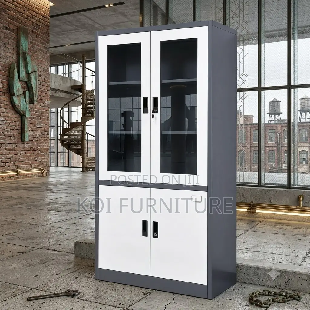 Office Cabinet; Two Doors Grey Office Cabinet With Shelves Views