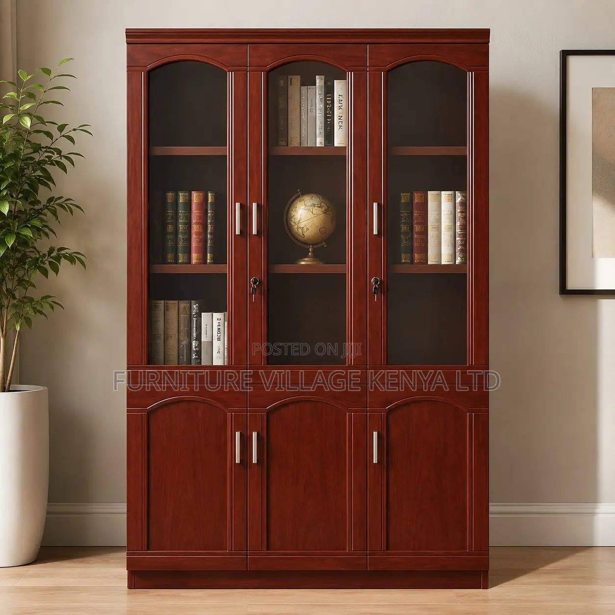 3-Door Red Mahogany Executive Cabinet.