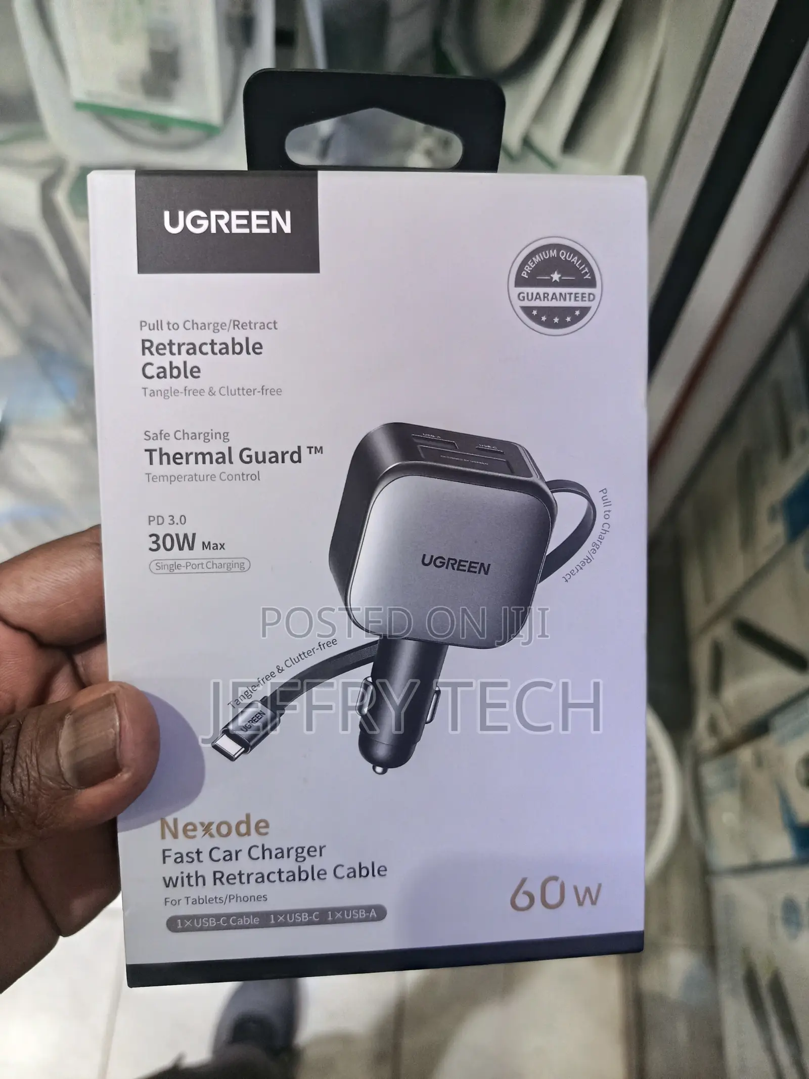 Ugreen Retractable Car Charger 60w With Built-in 30w Usb C Cable 70cm