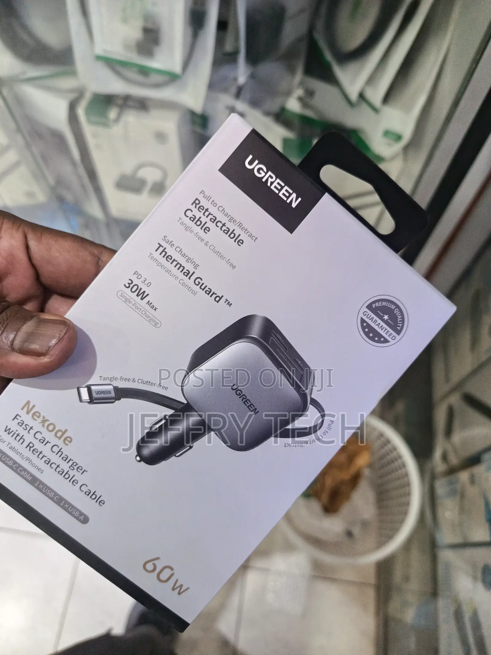 Ugreen Retractable Car Charger 60w With Built-in 30w Usb C Cable 70cm