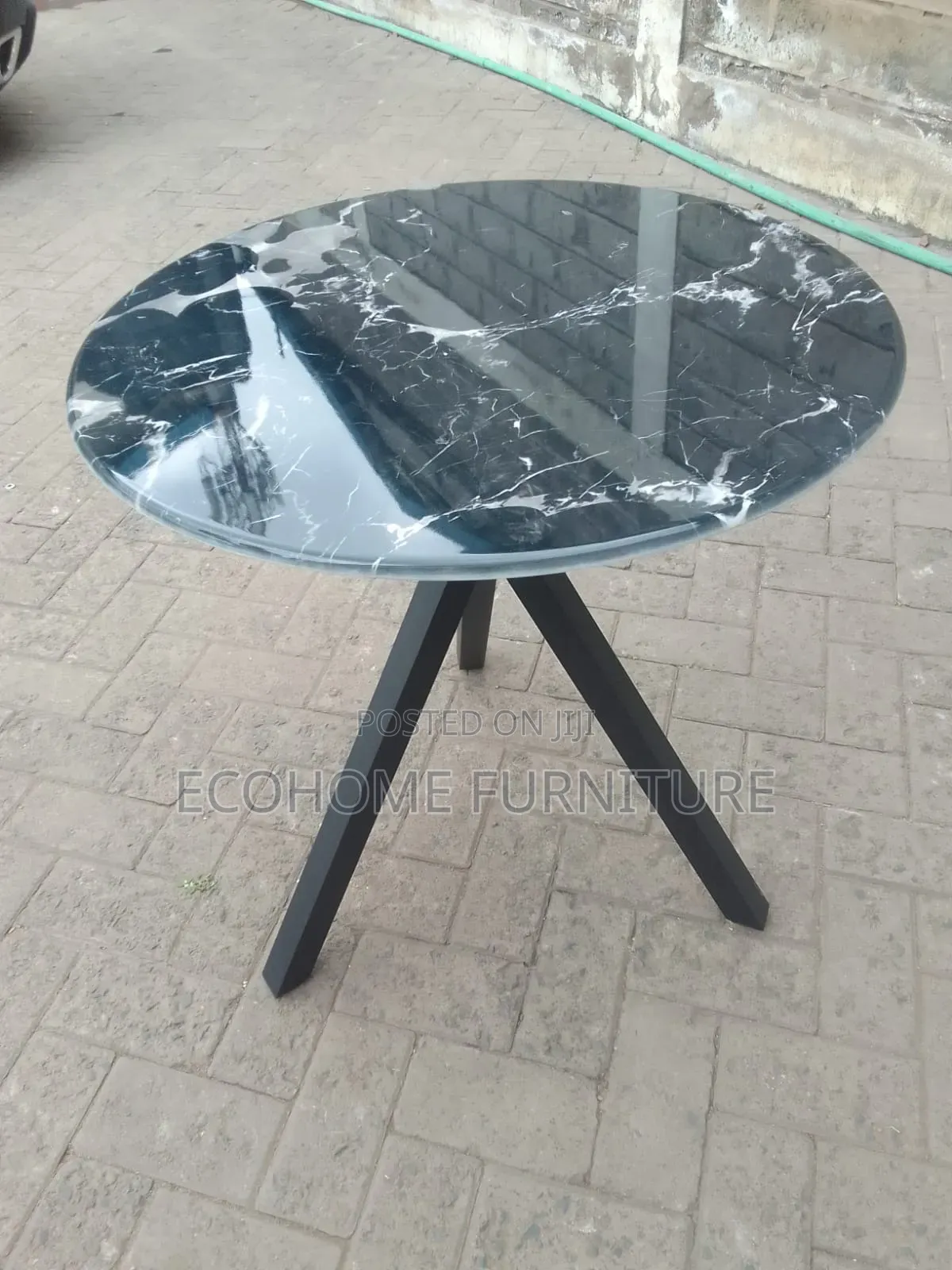 Round Black Faux-Marble Glass Coffee Table