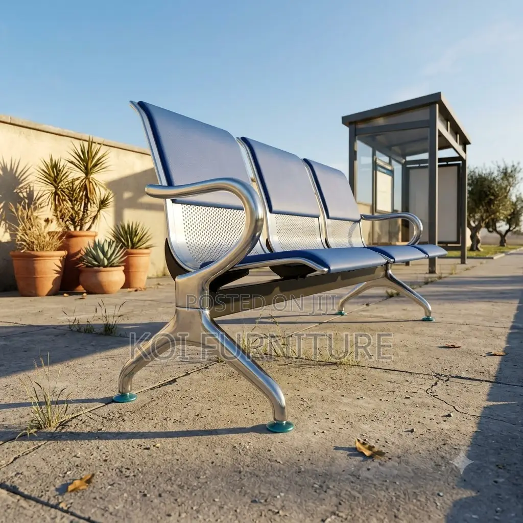 Office Benches; Three Seaters Leather Bench With Metallic Sturdy