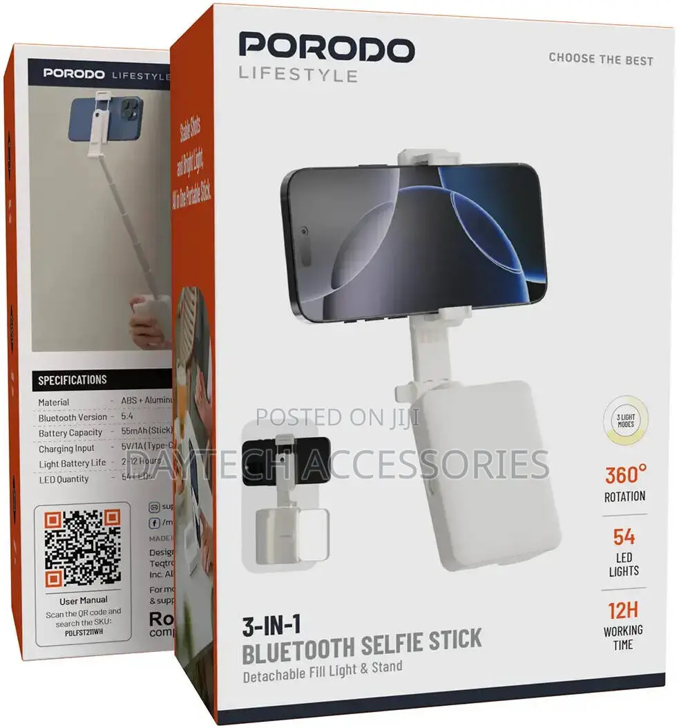 The Porodo Selfie Stick With Bluetooth and Fill Light.
