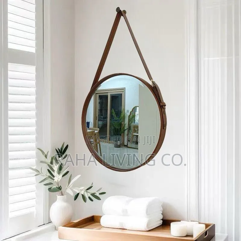 Nordic Round Wall Mirror With Leather Strap | 60cm | 2 Colours