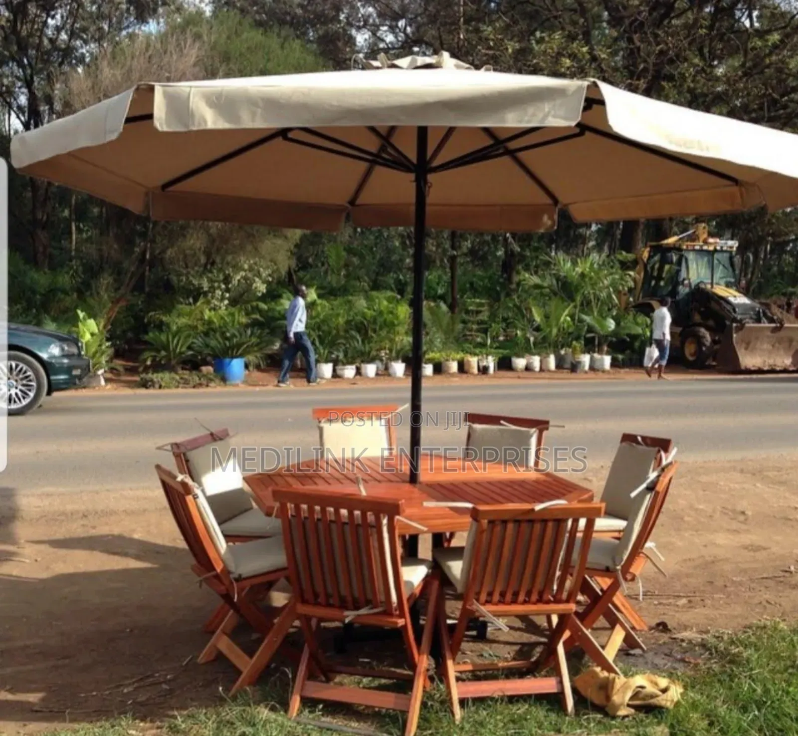 Biege Canvas +6 Foldable Mahogany Chairs +Table and Parasol