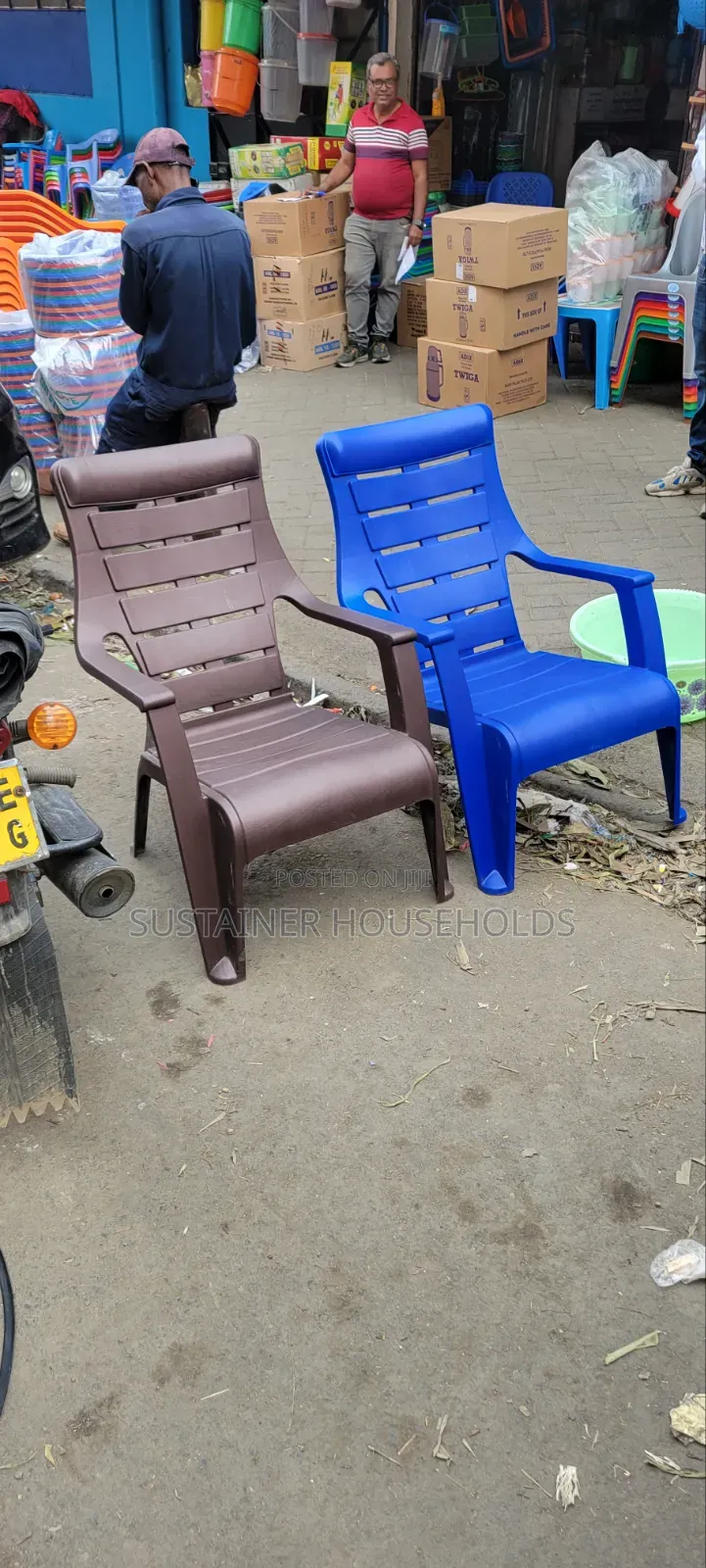 Chocolate Brown and Dark Blue Highback Plastic Chairs