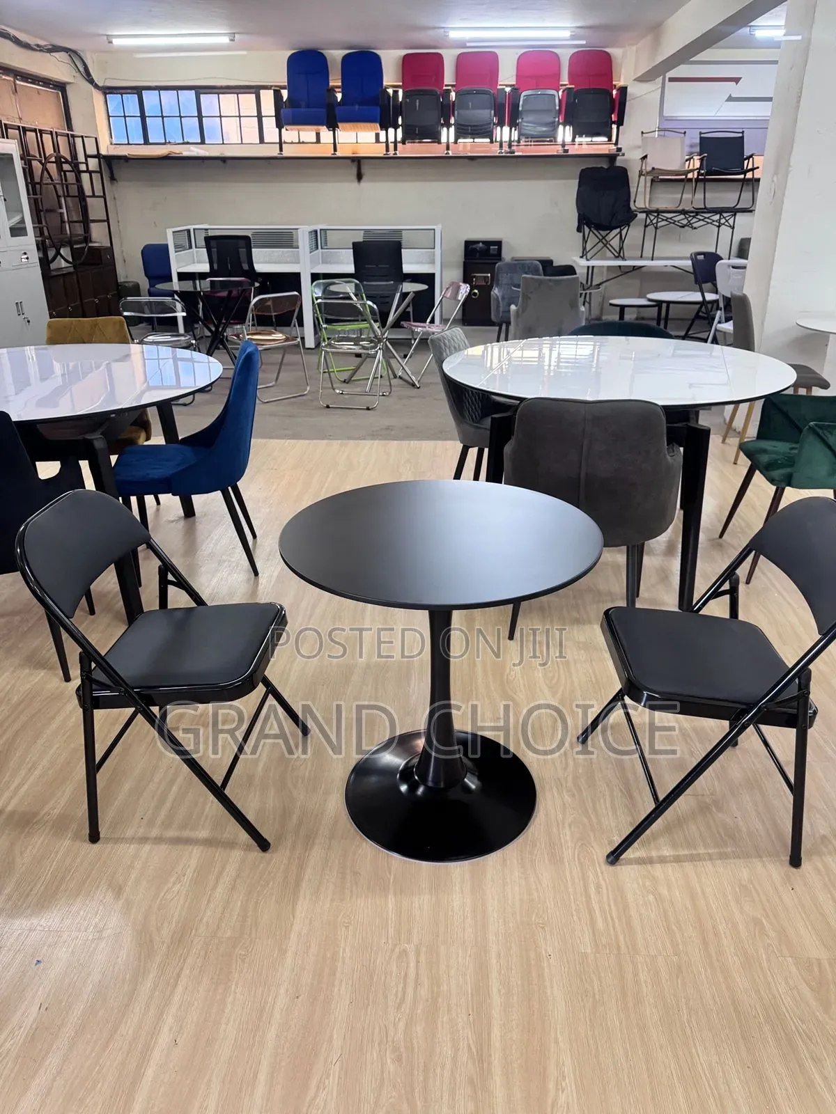 Round Black Dining Table With Foldable Leather Chair