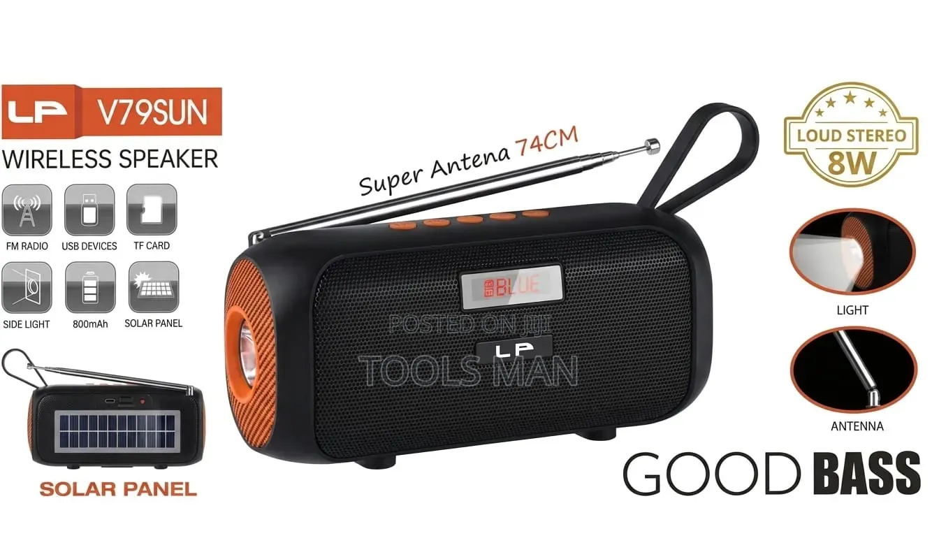 Lp V79sun Solar Wireless Bluetooth Speaker With Fm Radio and Torch.