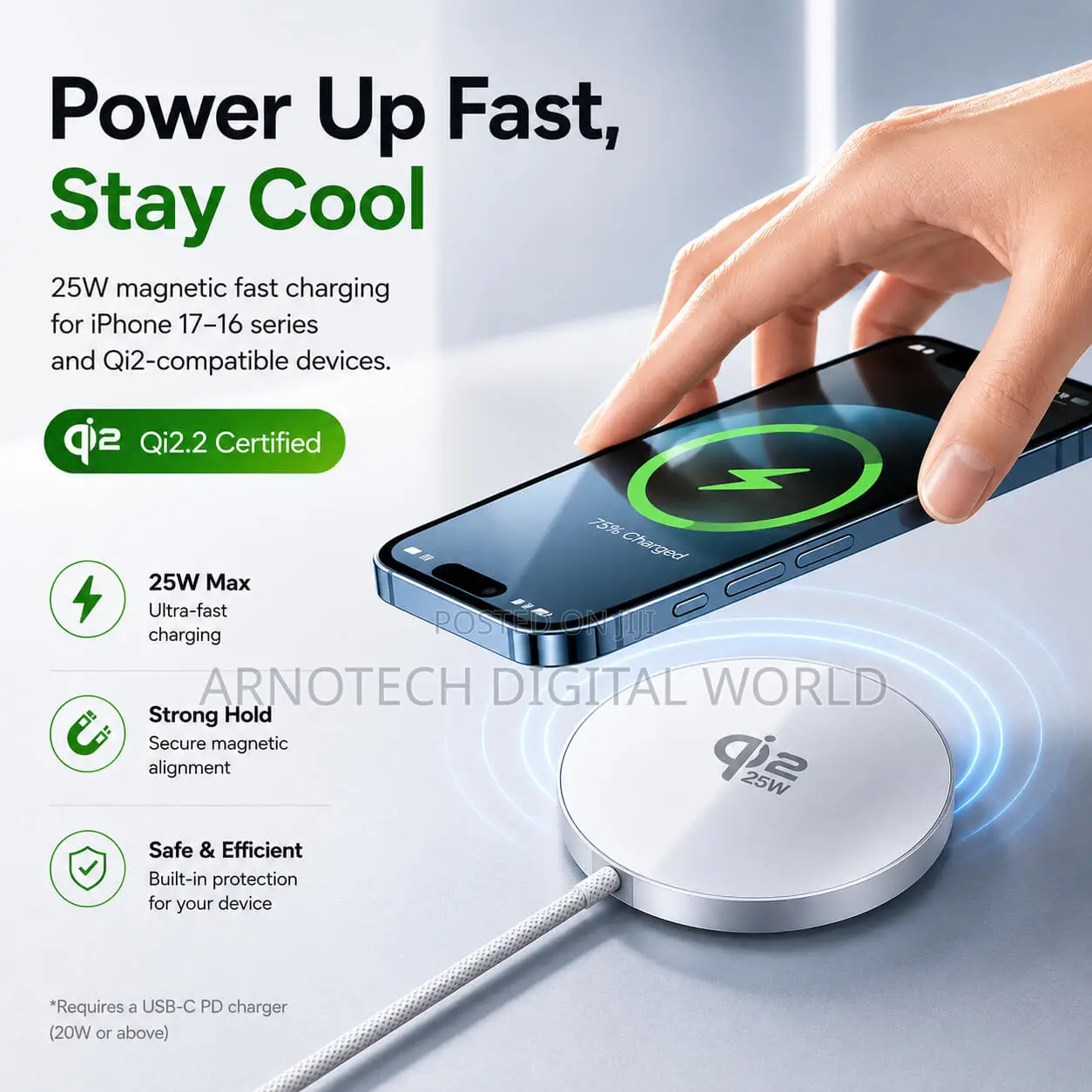 Magnetic Wireless Charging Pad 25w Fast Charger, Qi2 Usb C Charger