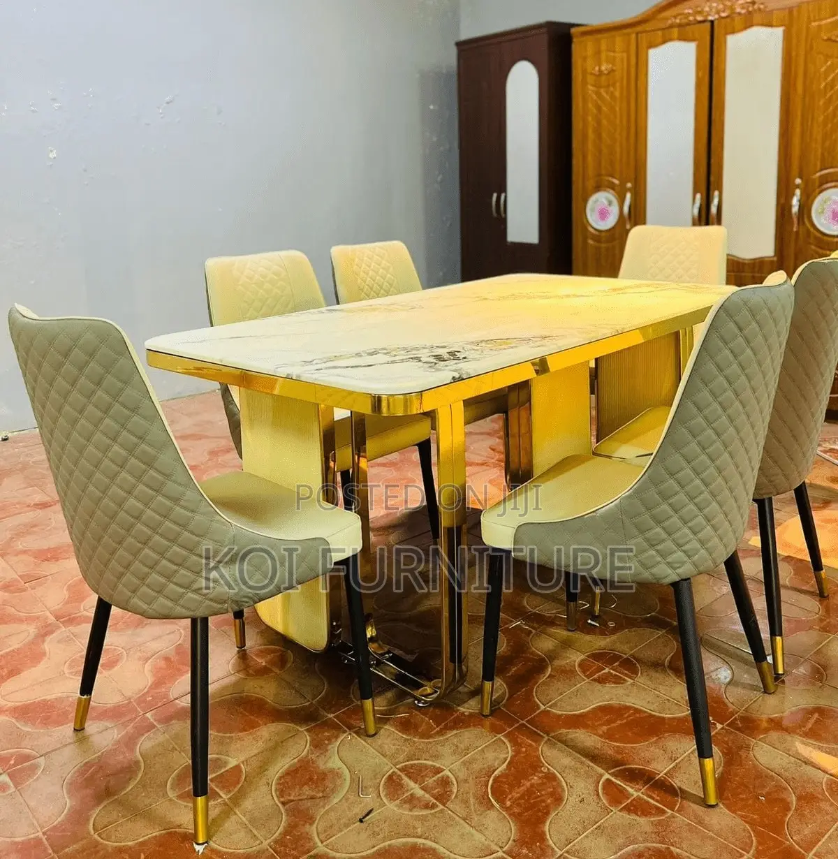 Dining Set; Six Seaters Golden Dining Set