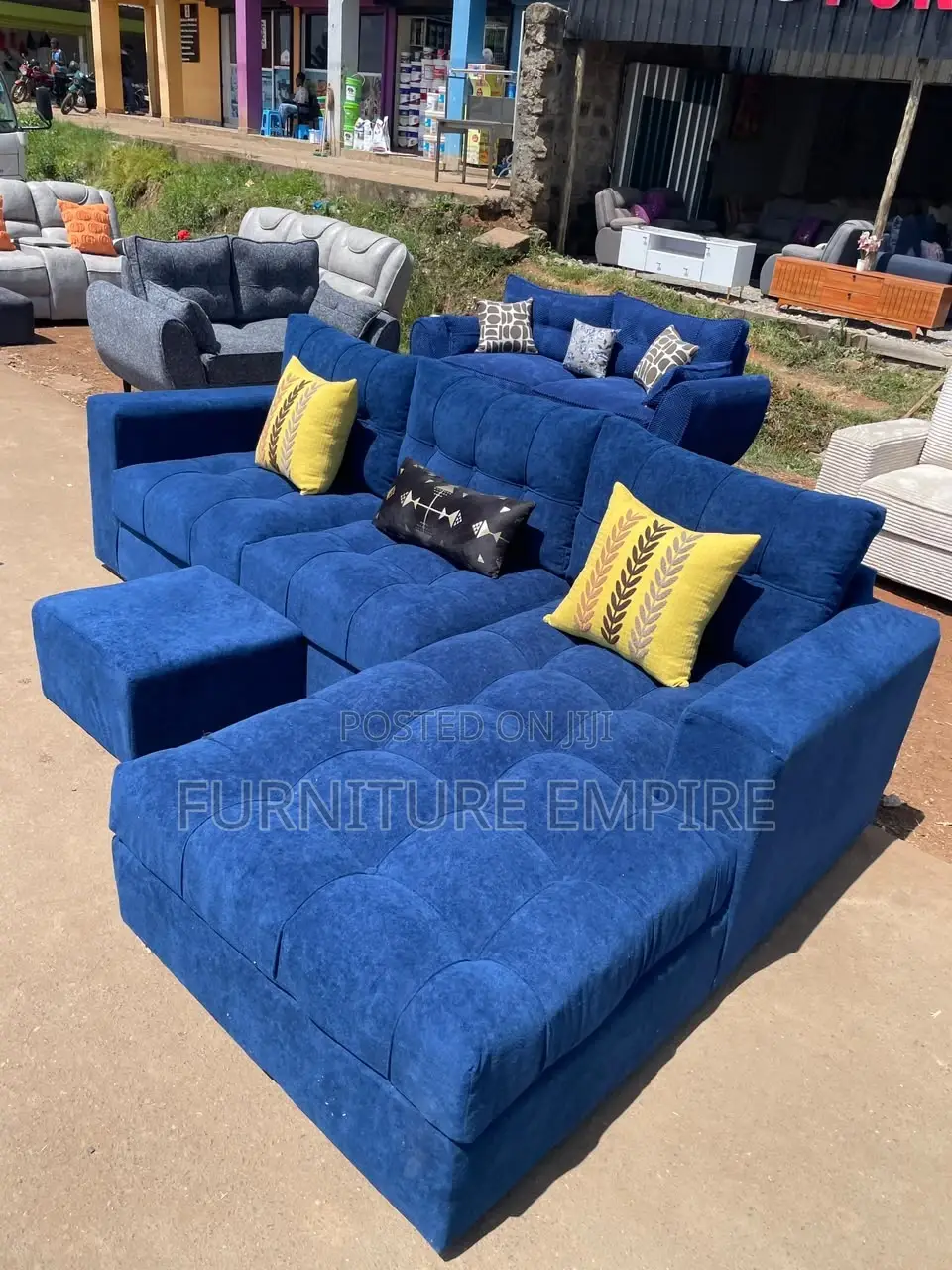 6-Seater Blue Tufted L-Shaped Sofa With Footrest
