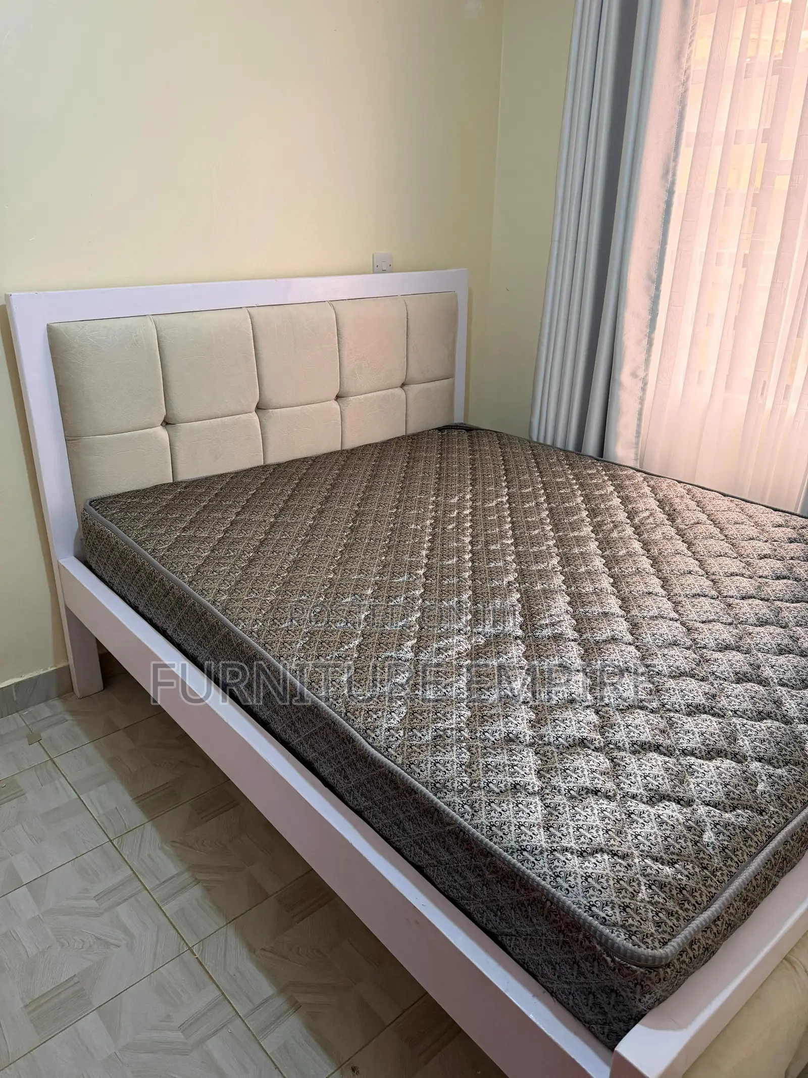 5 by 6 Mocket Bed White Frame With Beige Tufted Headboard