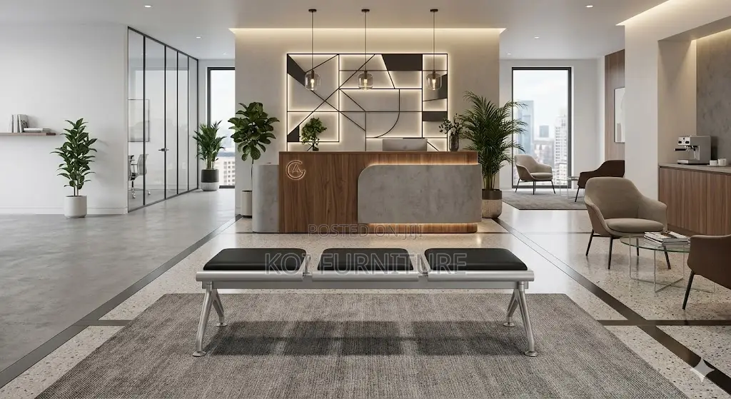 Office Bench; Three Seater Leather Upholstered Office Bench