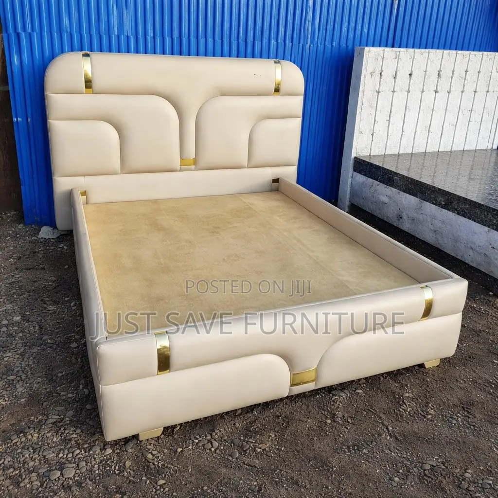 Modern 5x6 Upholstered Bed With Gold Accents – Cream White