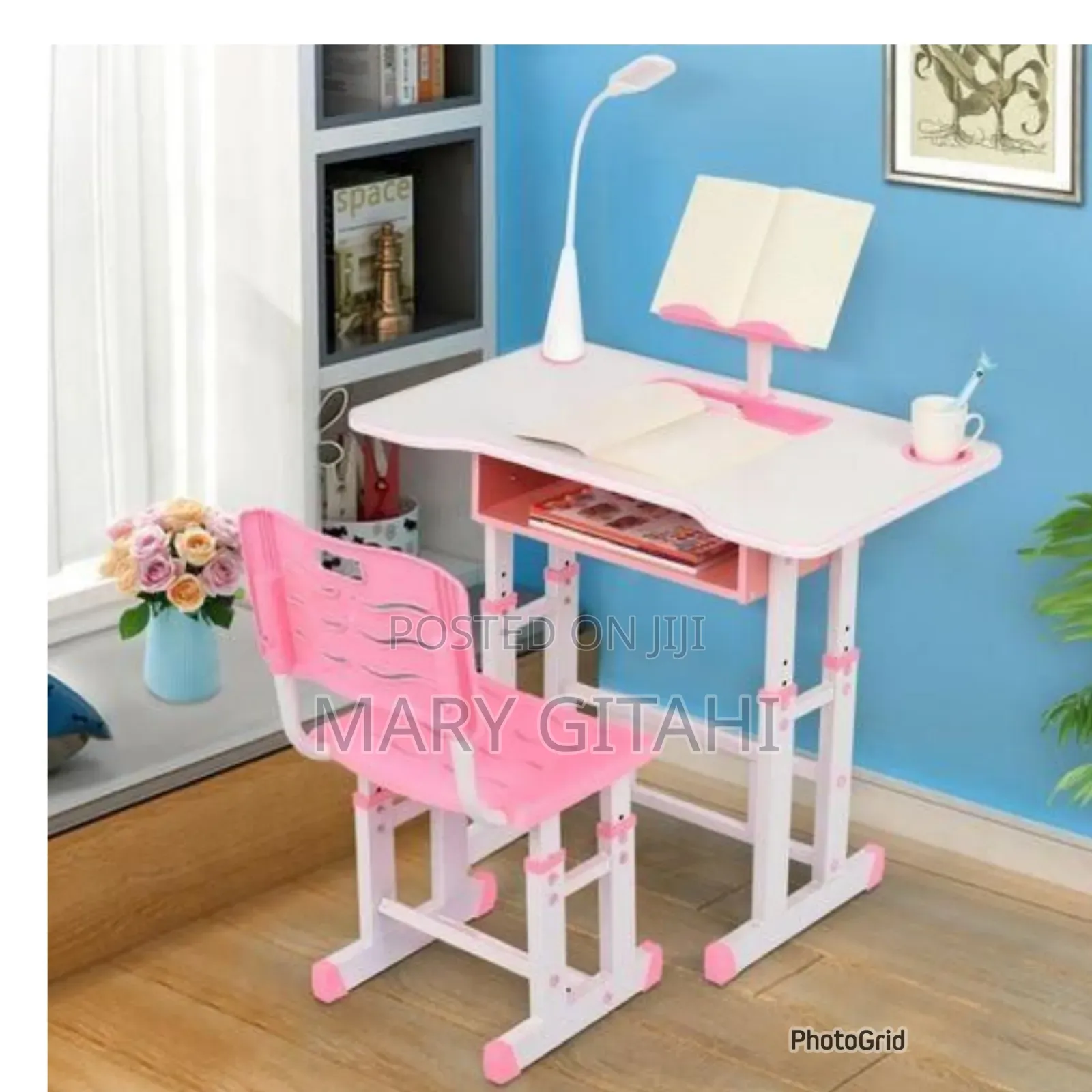 Height Adjustable Kids Study Desk Chair Set With Led Lamp