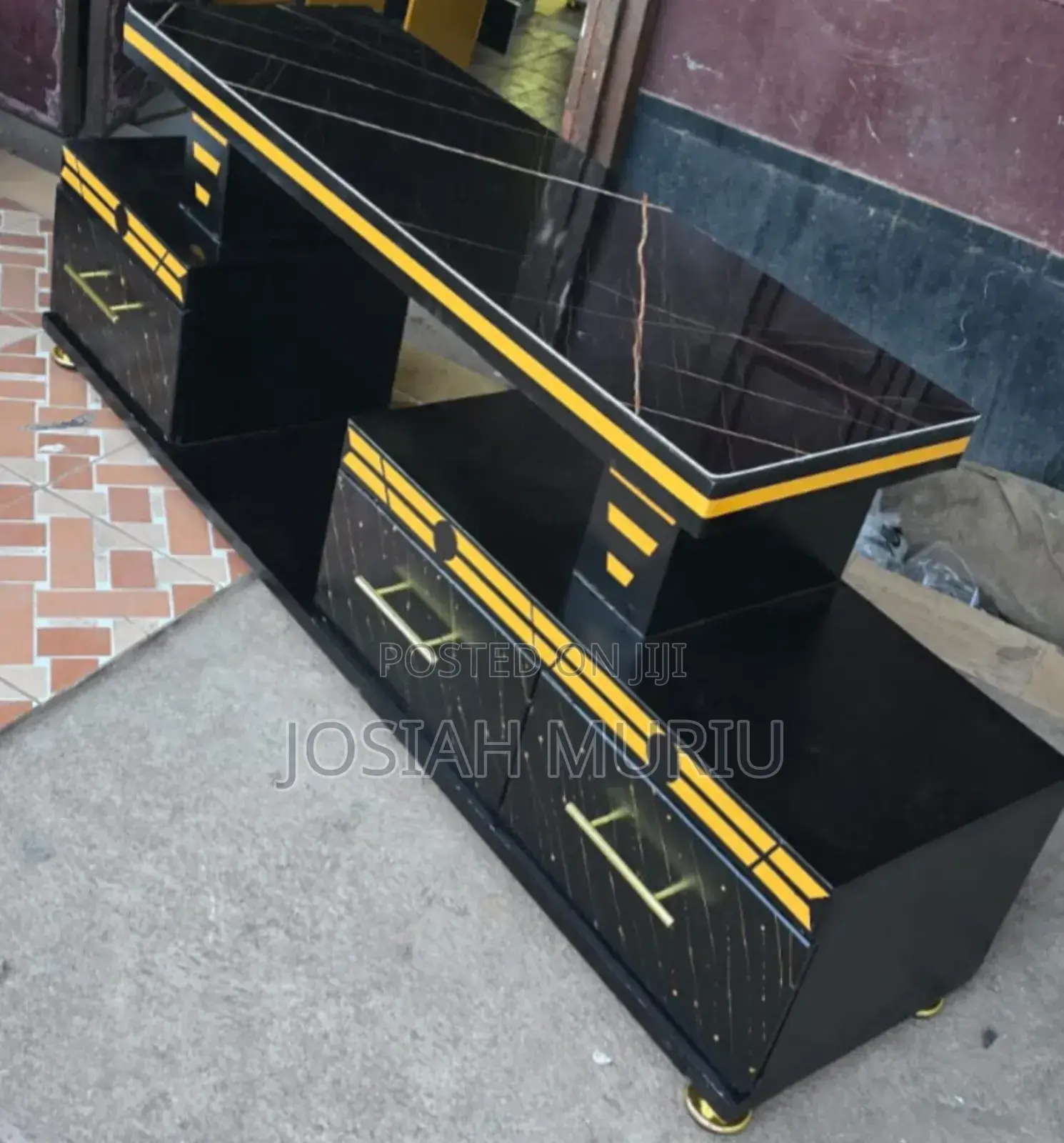 Black Executive Tv Stand With Marble Top and Light