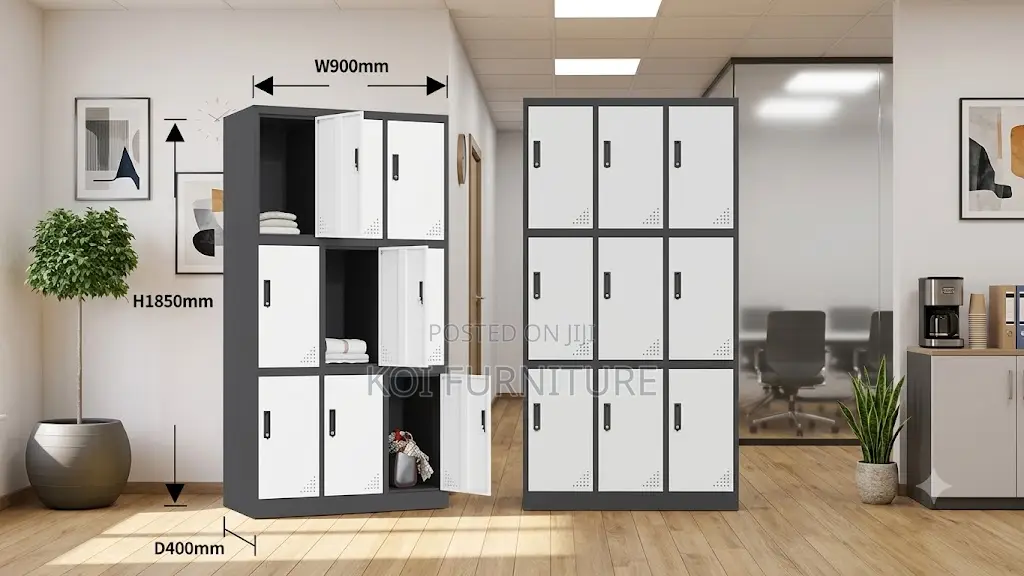 Office Cabinet; Nine Lockers Gray Filing Office Storage Cabinet
