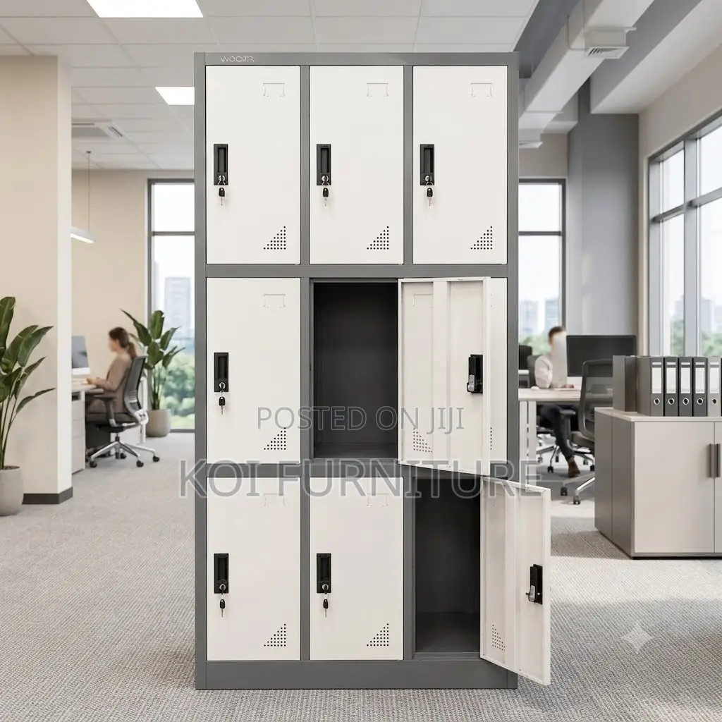 Office Cabinet; Nine Lockers Gray Filing Office Storage Cabinet