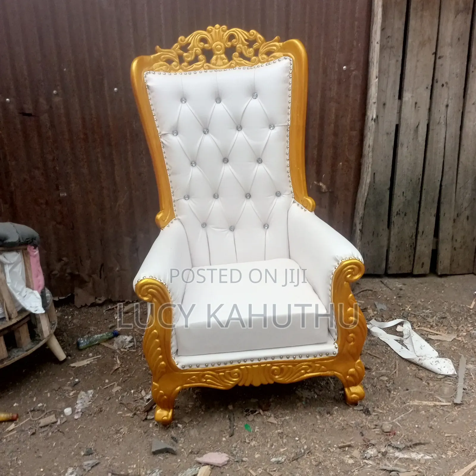 White Queen Chair With Gold Wood Frame