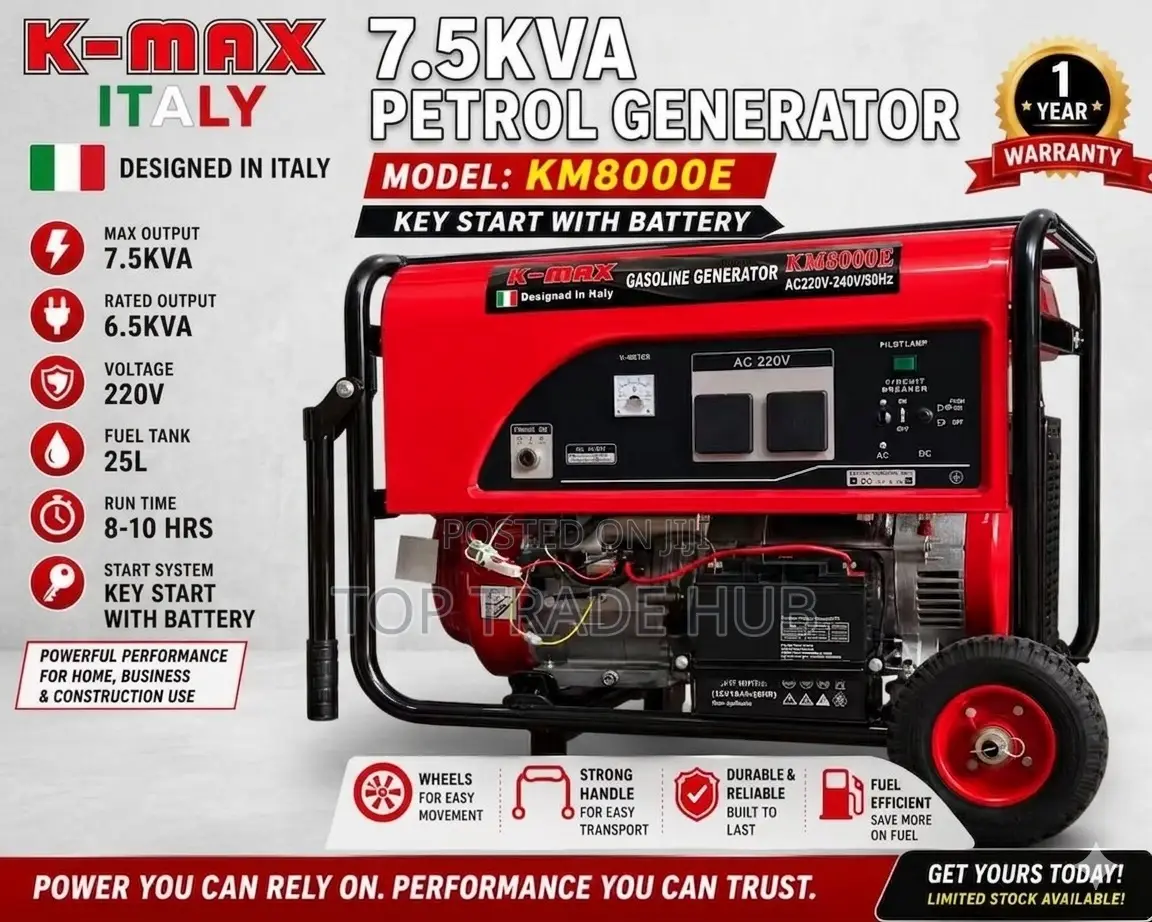 Kmax Italy Gasoline Generator 7.5kva Output - 10 HRS Runtime