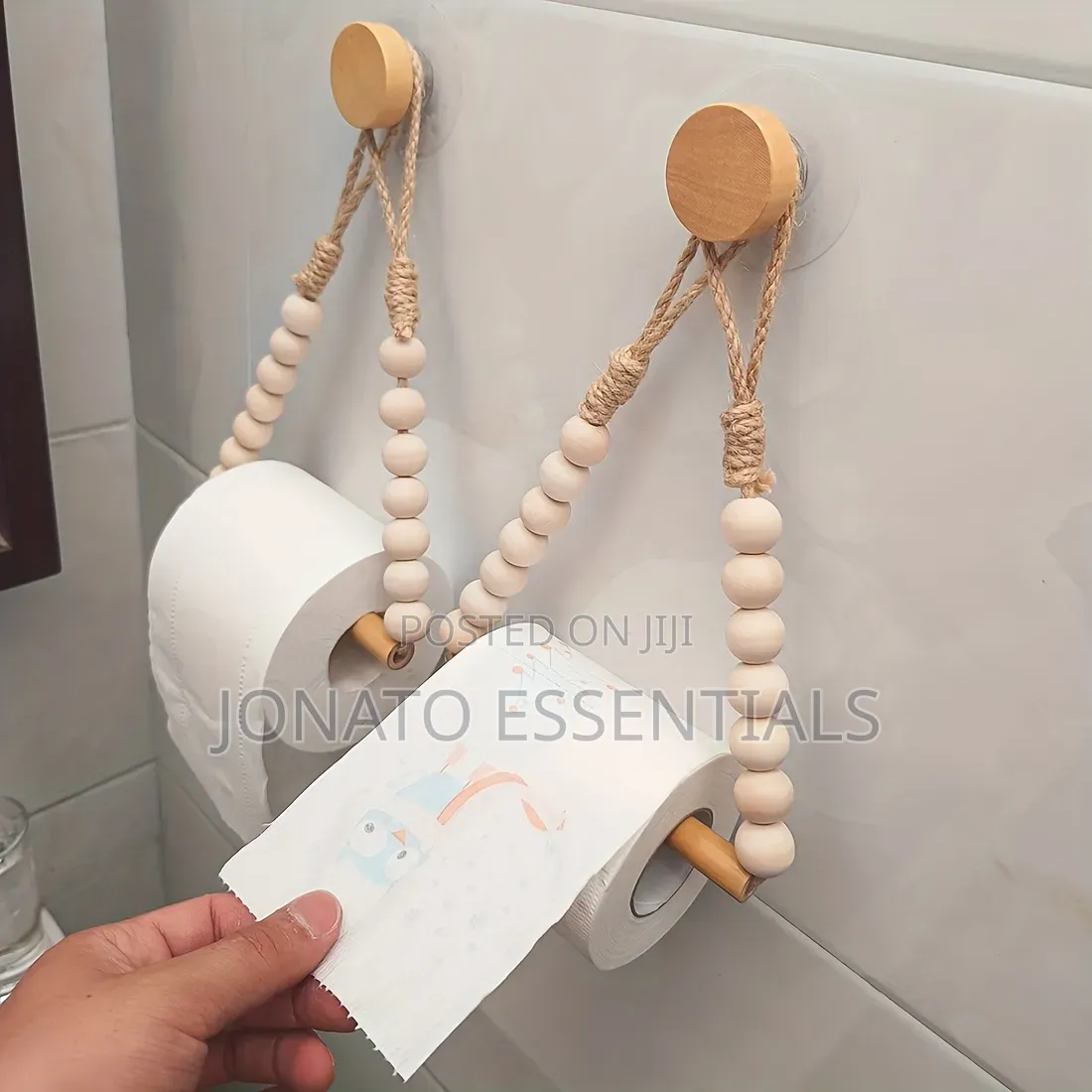 Wooden Beads Toilet Paper Holder - Drill Free Bathroom Organizer