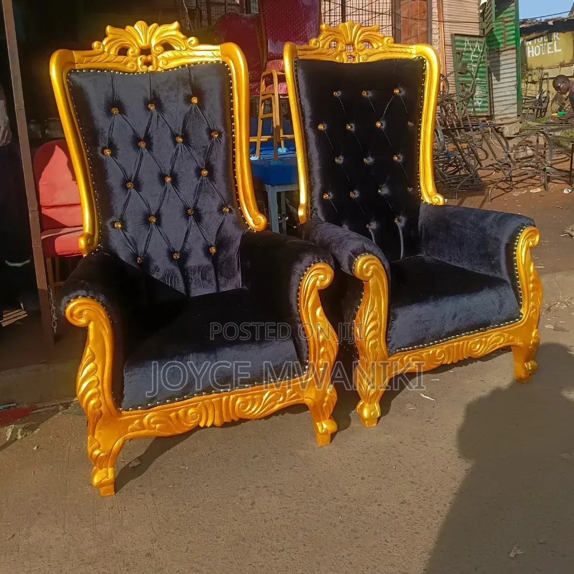 2 Queen Chairs, Pedicure or King Chairs, Gold Frame and Black Fabric.