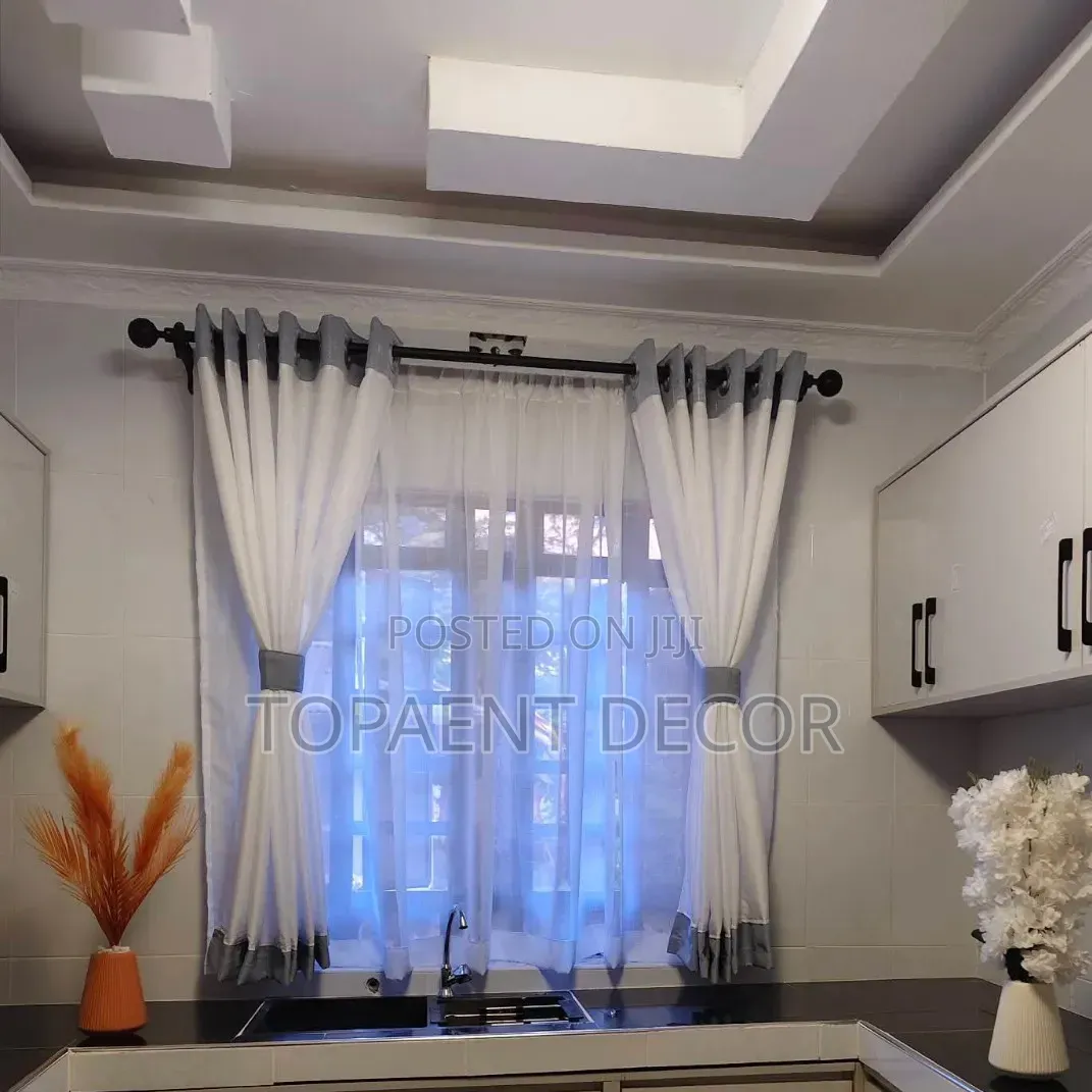 Grey Blended White, Beige Blended White Kitchen Window Curtains