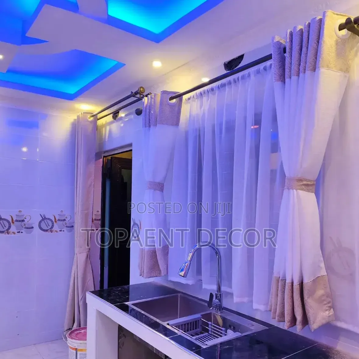 Grey Blended White, Beige Blended White Kitchen Window Curtains