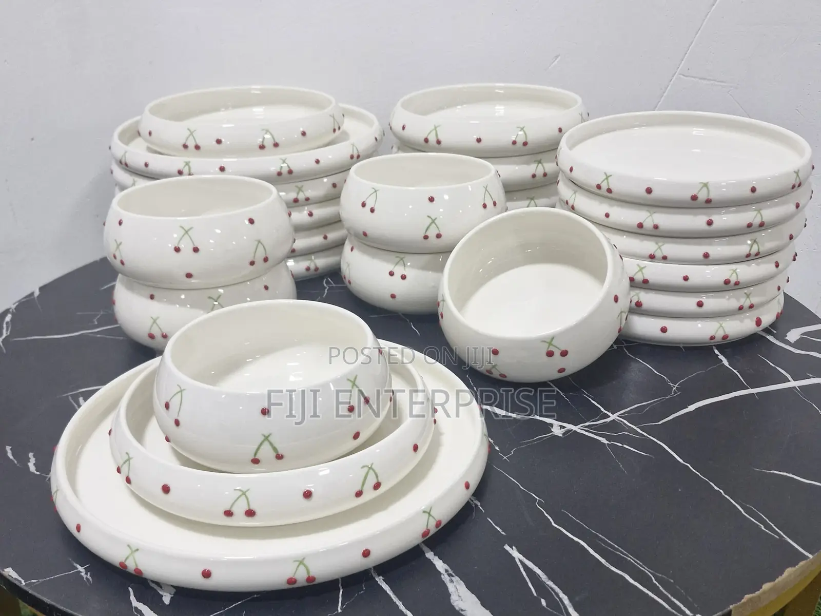 24-Piece White Cherry Top Double Glaze Ceramic Dinner Set –
