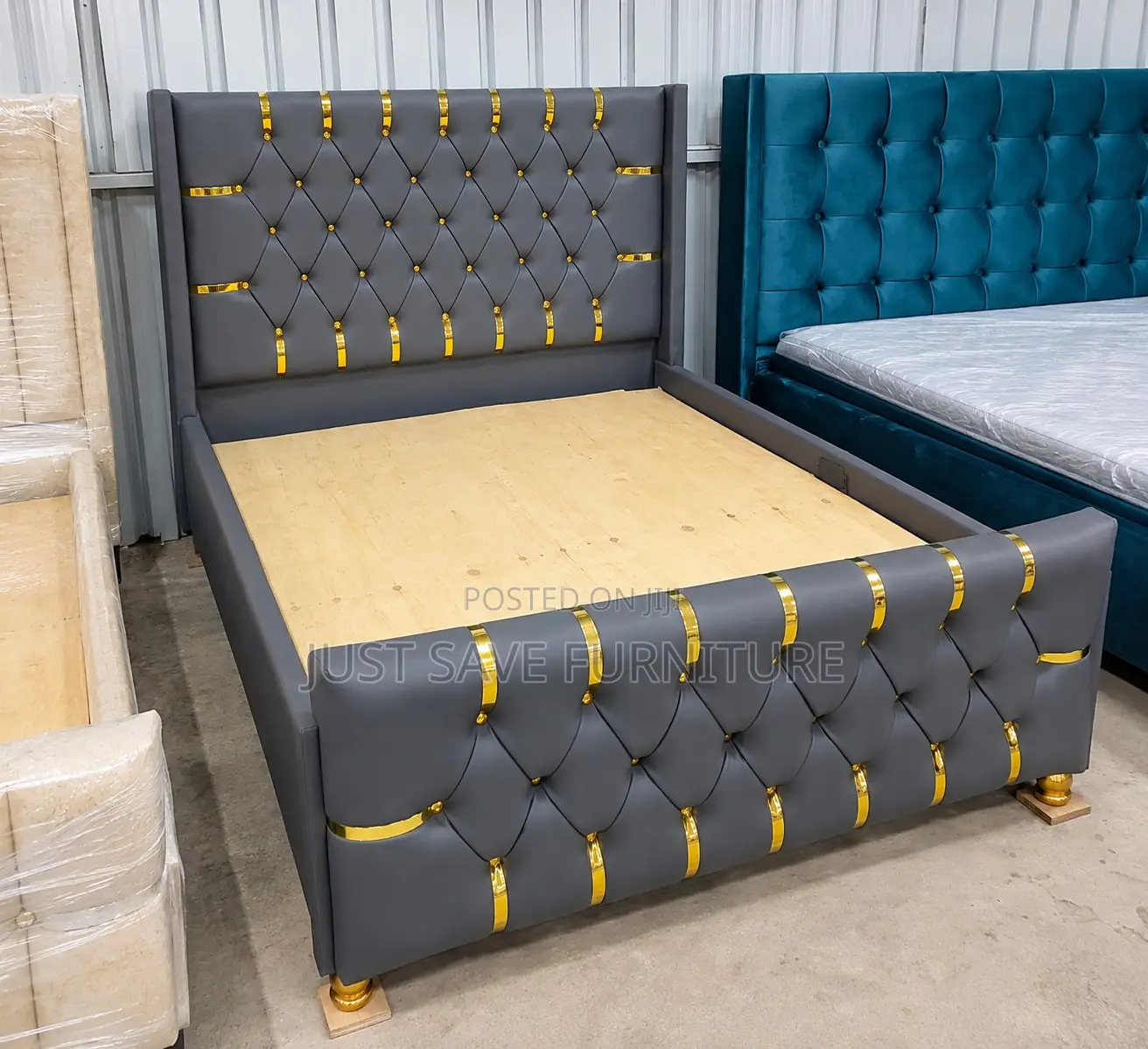 5x6 Luxury Grey Upholstered Bed | Tufted Bed Frame With Gold Accents
