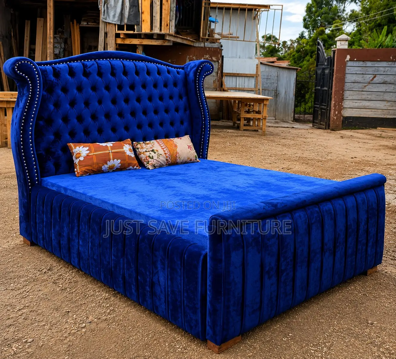 5x6 Luxury Wingback Upholstered Bed | Royal Blue Velvet Bed Frame